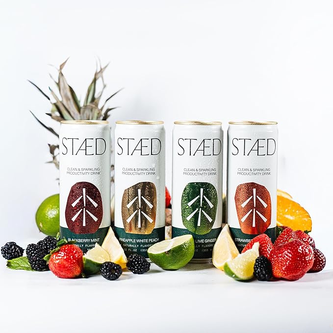 Drink Staed Assorted Flavors Productivity Drink Sparkling Functional Beverage 12-Pack – Blackberry Mint Lemon Lime Ginger Pineapple White Peach &amp Strawberry Orange with Cognizin® Citicoline &a