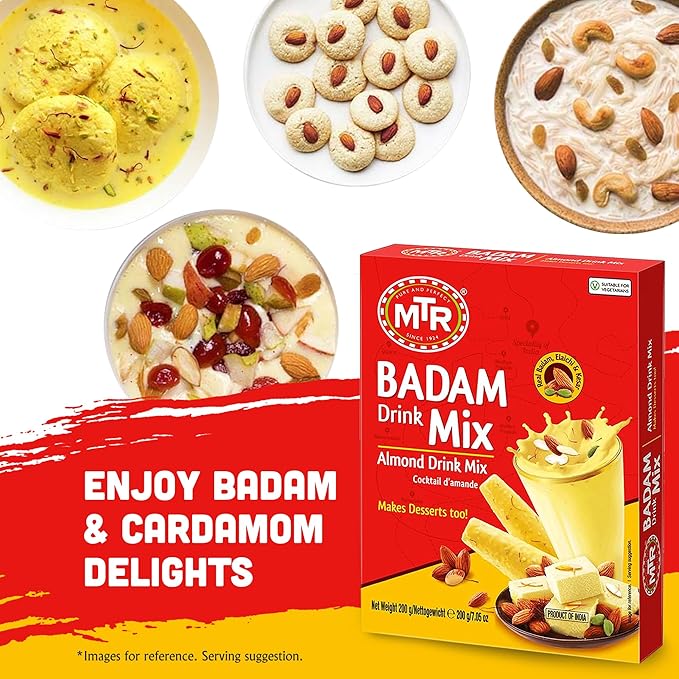 MTR Badam Drink Mix – 200g Pack of 6 Multi-purpose Drink Mix Premium Almond Drink Mix made with select quality Almonds Saffron &amp Cardamom Authentic Indian Flavor Quick &amp Easy to Prepare