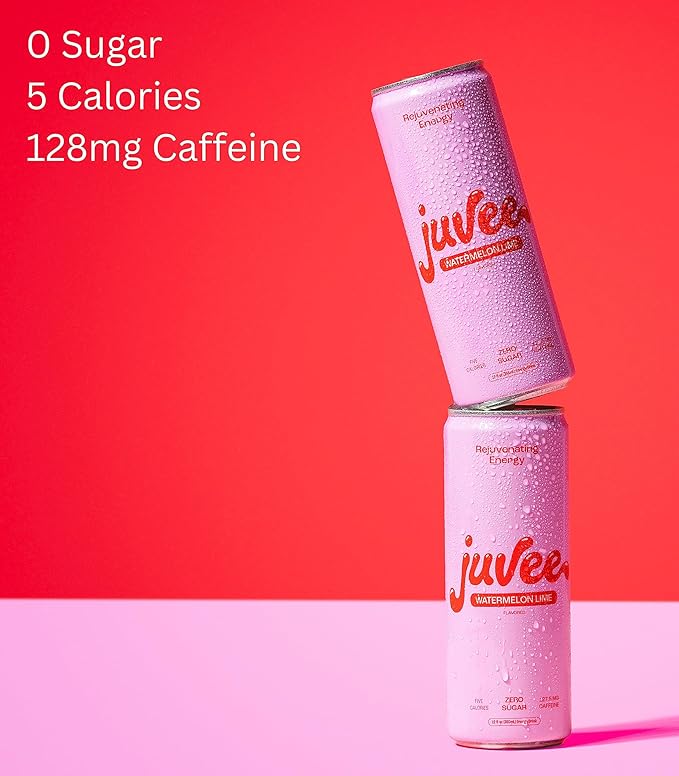 Juvee Rejuvenating Energy Drink – Sugar Free Watermelon Lime Flavor 12 oz Cans (12-Pack) – 128mg Natural Caffeine Zero Sugar Low Calorie Clean Energy &amp Focus Booster for Daily Use