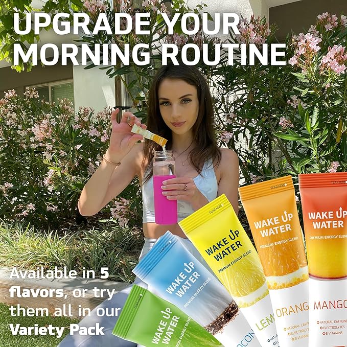 Wake Up Water Energy Drink Mix Sugar Free Clean Energy Powder with Electrolytes &amp B Vitamins Natural Caffeine for Focus &amp Hydration (15 Pack) - Lemon