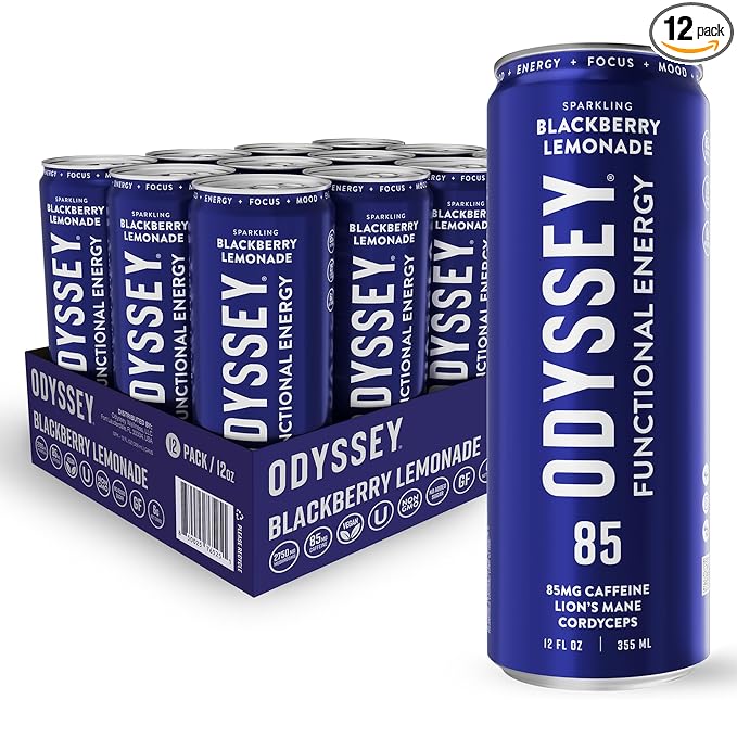 Odyssey Functional Energy Drink for Focus Cognition &amp Mood Support 12 Pack - Adaptogenic Drink with 85mg Green Tea Caffeine Lions Mane Cordyceps L-Theanine &amp Ginseng Sparkling Blackberry