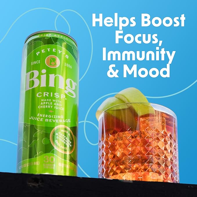 BING CRISP Energizing Juice Beverage – Apple &amp Cherry (12oz/12pk) – Made with REAL Juice! Only 2g added Sugar Low Calorie 5 B-Vitamins &amp Ginseng 100mg Caffeine Vegan Gluten + Dairy Free.