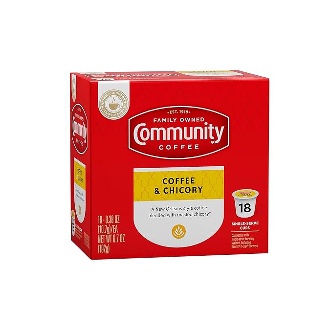 Community Coffee &amp Chicory 18 Count Coffee Pods Medium Roast Compatible with Keurig K-Cup Brewers