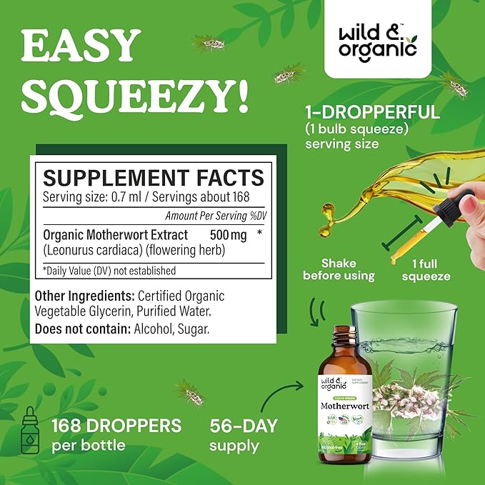 Wild &amp Organic Motherwort Tincture - Good Mood Calmness Overall Support - Supplements for Women with Motherwort Herb - Vegan Sugar &amp Alcohol-Free Extract Drops - 4 fl oz