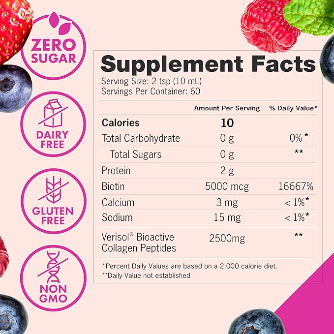 Zena Nutrition Liquid Collagen Peptides and Biotin Mixed Berry 20.3 Fl Oz + Organic Supergreens Greens Powder 70+ Superfoods Mixed Berry 30 Servings