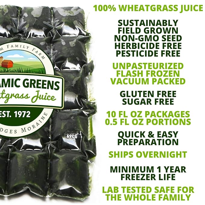 100% Wheatgrass Juice – Field-Grown Flash-Frozen Unpasteurized – 50 fl oz (100 x 0.5 fl oz Portions) – Dynamic Greens