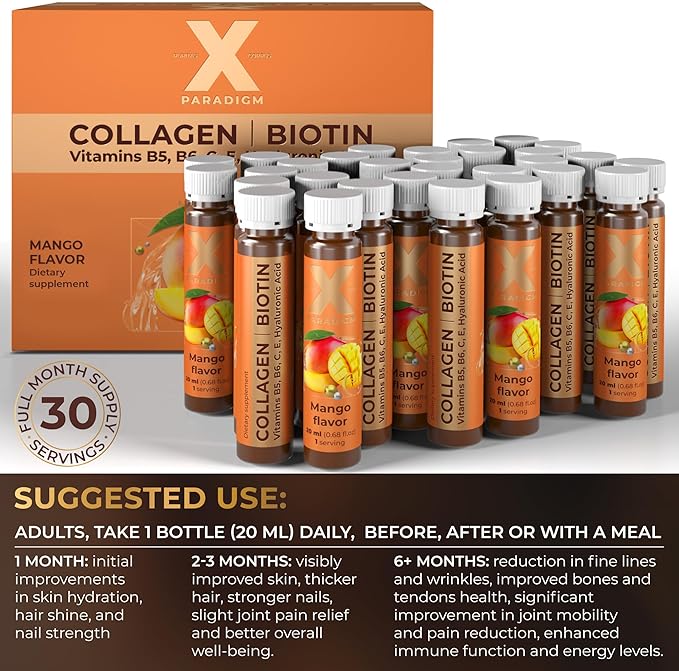 Liquid Collagen Peptides with Biotin &amp Hyaluronic Acid - 3000mg Hydrolyzed Collagen Type 1 and 3 Biotin 10000mcg Vitamins B5 B6 C &amp E - Liquid Collagen for Women and Men Collagen Shots