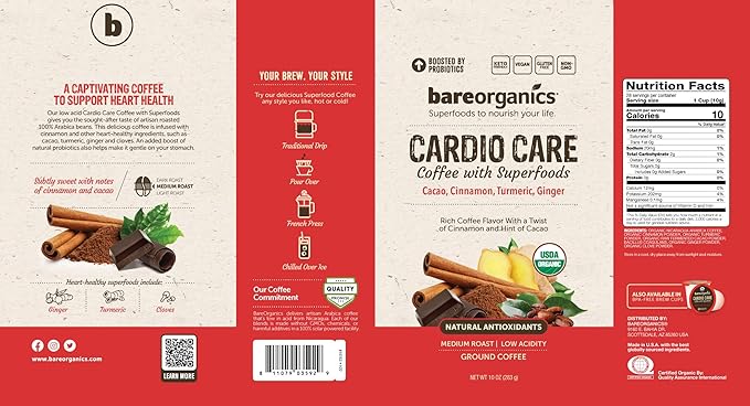 Cardio Care Organic Ground Bagged Coffee – Probiotic Coffee with Cacao Ginger Turmeric &amp Cinnamon – Healthy Superfood Mold Free Vegan Gluten Free - 10 oz (Pack of 2)