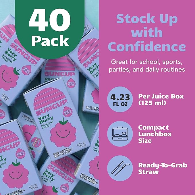 SunCup 100% Juice Boxes for Kids | No Added Sugar No Dyes No Preservatives | Trusted in Schools Across 49 States | Bulk Pack with Straw | 4.23 oz (40 Pack) Very Berry