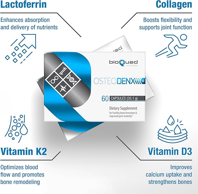 OSTEODENX - Bone &amp Joint Support Supplement for Healthy Bone &amp Improved Joint Mobility with Lactoferrin Collagen Vitamin K2 &amp Vitamin D3 (60 Capsules)