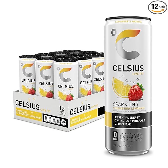 CELSIUS Sparkling Strawberry Lemonade Functional Essential Energy Drink 12 Fl Oz (Pack of 12)