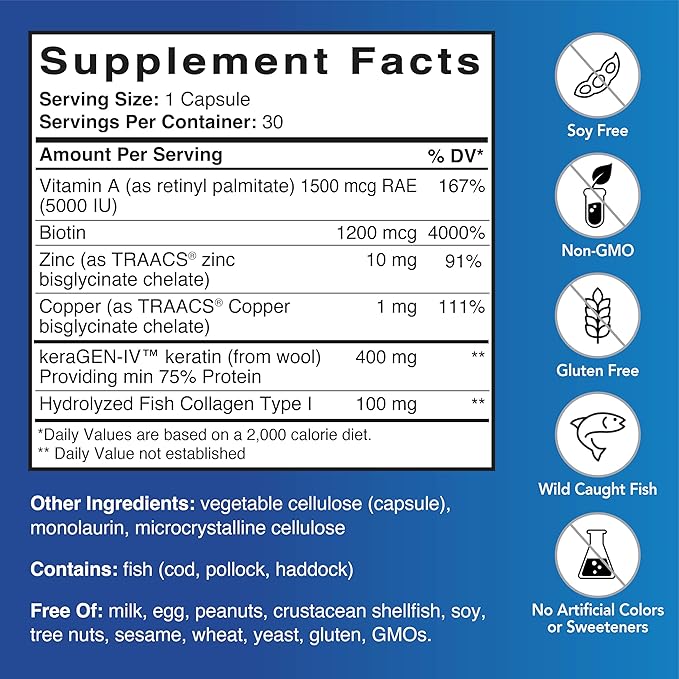 Patient One Hair Skin &amp Nail Care | Supplement to Support Strong Nails and Healthy Hair and Skin* | with Keratin Collagen and More | 30 Capsules