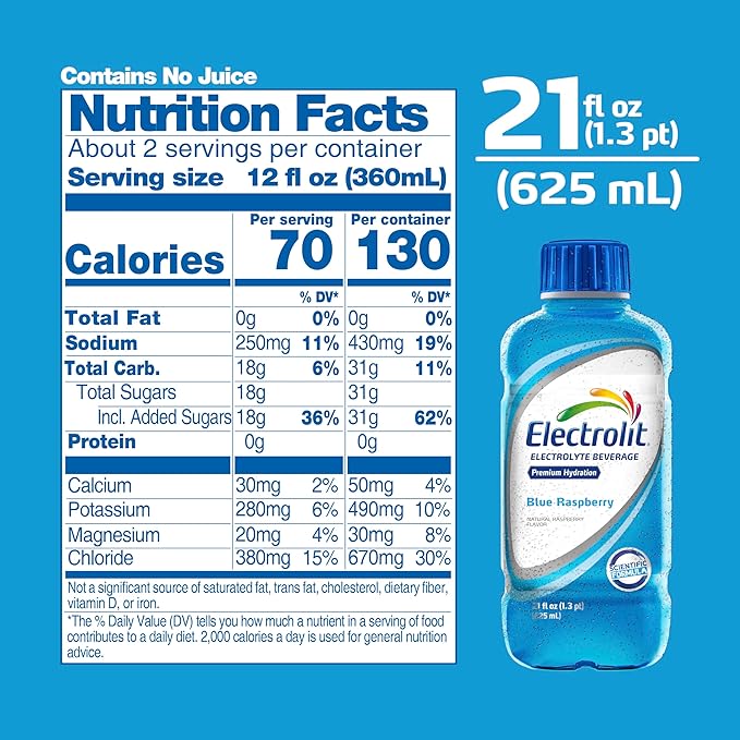 Electrolit Electrolyte Beverage Blue Raspberry 21 Fl Oz bottle (Pack of 12)