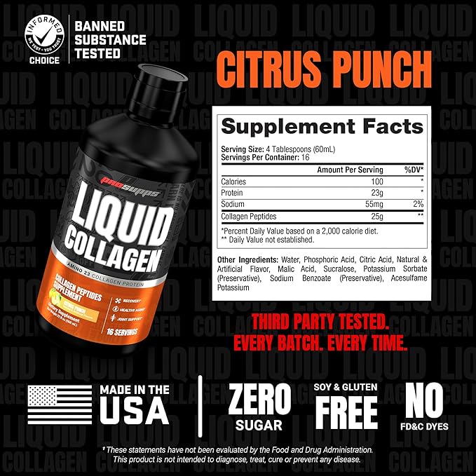 ProSupps Amino23 Liquid Collagen Shots Citrus Punch - Collagen Peptide Post Workout Supplement Supports Healthy Aging Joints Skin &amp Hair - Gluten-Free &amp Zero Sugar - 16 Servings