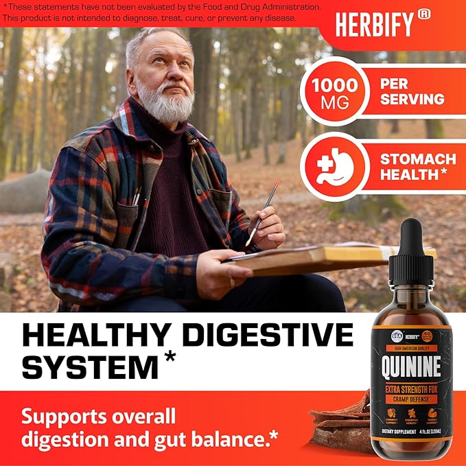 HERBIFY Quinine Tincture - Quinine Liquid Extract for Healthy Digestion - Quinine Cinchona Supplement for Better Absorption - US Made Product - for Men &amp Women 4oz (120ml)