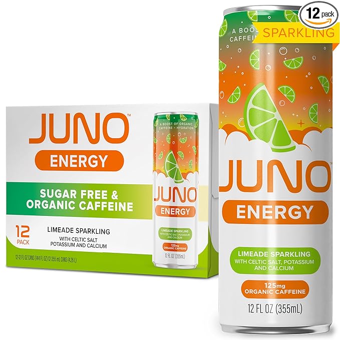 JUNO ENERGY Limeade Sparkling Energy Drink - Sugar Free Electrolytes Energizing and Hydrating with 125mg Organic Caffeine from Green Coffee Beans Stevia Lime Juice &amp Electrolytes - Vegan Glute
