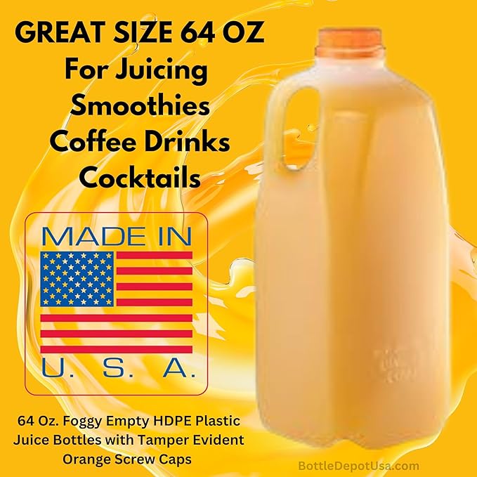 64 Oz Empty Juice Bottles (Pack Of 12 x 64 Oz Ea) With Orange Tamper Evident Screw Caps – Great for Homemade Juices Milk Smoothies Tea and Other Beverages - Food Grade BPA Free