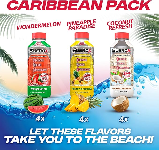SueroX Sugar-Free Sports Drink for Hydration and Recovery Electrolyte Hydration Drink with 8 Ions Zero Calorie Sports Drinks with Electrolytes Caribbean Pack 21.3 Fl Oz 12 Count