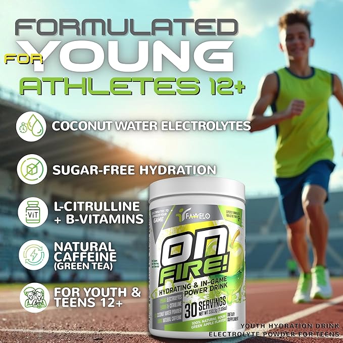ON-FIRE Sport Drink for Kids – Electrolytes No Sugar | Instant Hydration Powder with Coconut Water BCAAs Green Tea &amp Stevia | Water Boy Hydration for Young Athletes 12+ | Green Apple Drink Mix |