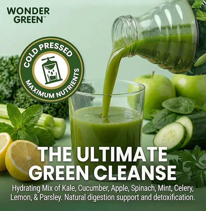 Wonder Green 100% Organic Clean Green Cold Pressed Juice 8.45 oz (6 Pack) | Kale &amp Vegetable Juice Blend All Natural No Additives or Preservatives Not from Concentrate