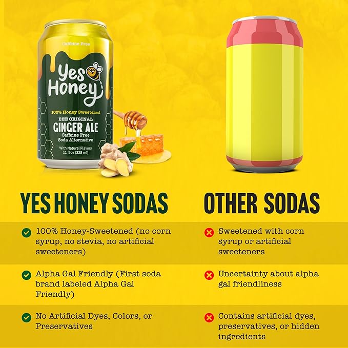 Yes Honey Soda Ginger Ale 11oz (12-Cans) 100% Honey-Sweetened Healthy Soda Alpha Gal Friendly Gluten Free Caffeine Free No Added Sugar