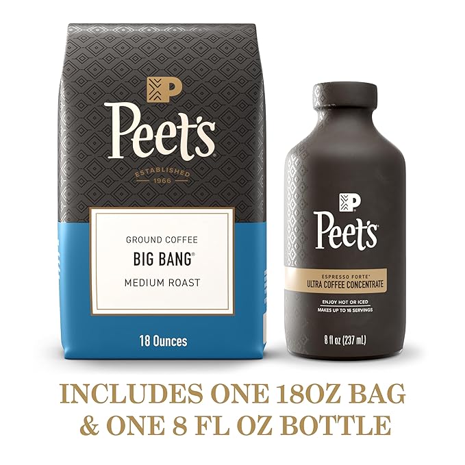 Bundle of Peet's Coffee Ultra Coffee Concentrate Cold Brew or Iced Coffee - Espresso Forte 8 Fluid Ounce Bottle (16 Servings) + Peet's Coffee Medium Roast Ground Coffee - Big Bang 18 Ounce Bag
