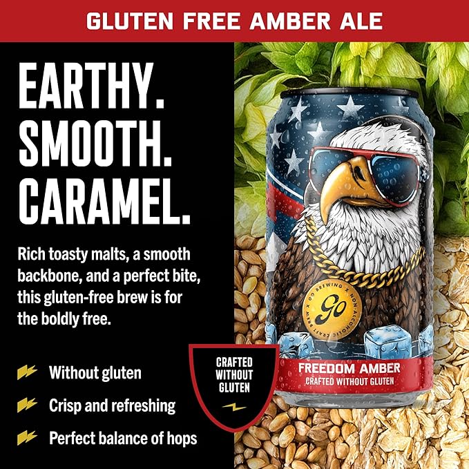 Go Brewing - Freedom Amber - Gluten-Free Non-Alcoholic Craft Beer - Small Batch Low-Calorie Brew - Earthy Caramel and Corn Flavor Profile - Smooth Finish - Ideal for Any Occasion (12 Oz 12 Cans)