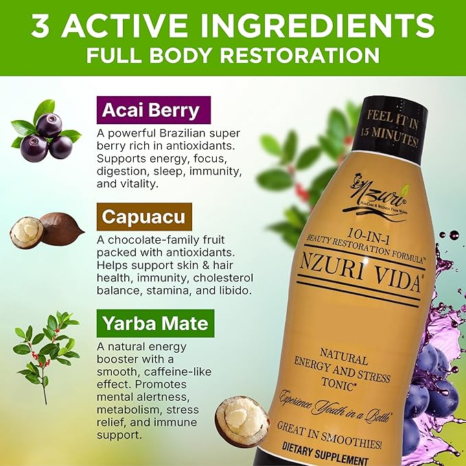 Nzuri Vida All-Natural Energy &amp Stress Support Tonic 10-in-1 Total Body Restoration Drink with Acai Berry Cupuacu &amp Yerba Mate. Smooth Energy Calm Focus Detox &amp Immune Support 4 Ounces