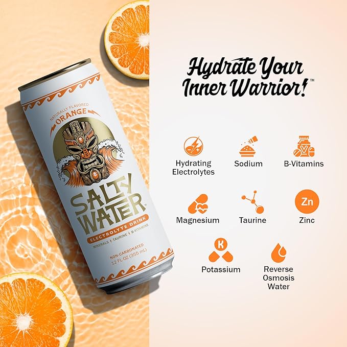 SaltyWater Electrolyte Drink Orange – Zero Sugar Premium Hydration Drink 10 Calories Minerals Taurine B-Vitamins Non-Carbonated - Zero Caffeine Electrolyte Sports Drink - Gluten Free - 12 Pack (