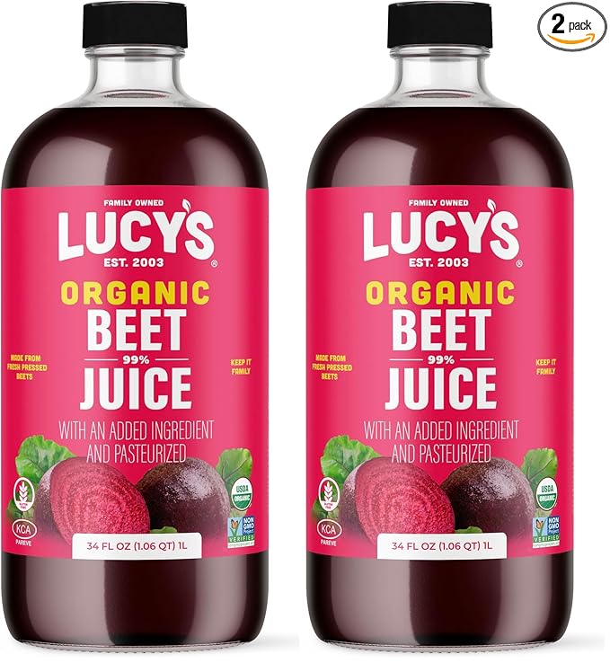 Lucy’s Family Owned - AMERICAN BEETS Organic 99% Pure Beet Juice 34 oz. Glass Bottle (Made From Fresh Pressed) (Pack of 2)