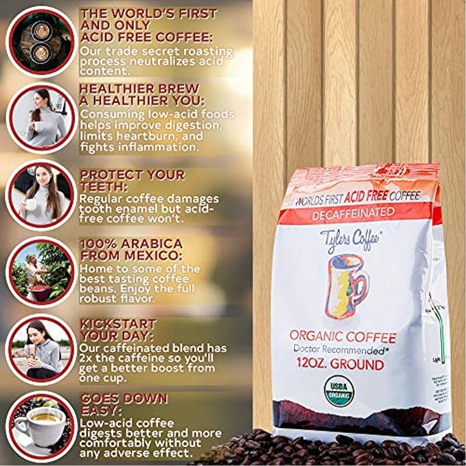 Tyler's USDA Organic Ground Coffee – Low Acid 100% Arabica Decaffeinated Coffee Medium Roast Smooth &amp Balanced Flavor – 12 oz