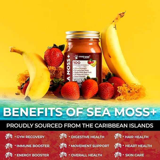 Irish Sea Moss Gel Raw - Wildcrafted Superfood Seamoss Gel - Strawberry Banana Flavor Vitamin and Mineral-Rich from Pristine Caribbean Waters Immune and Digestive Health Support - 10 oz.