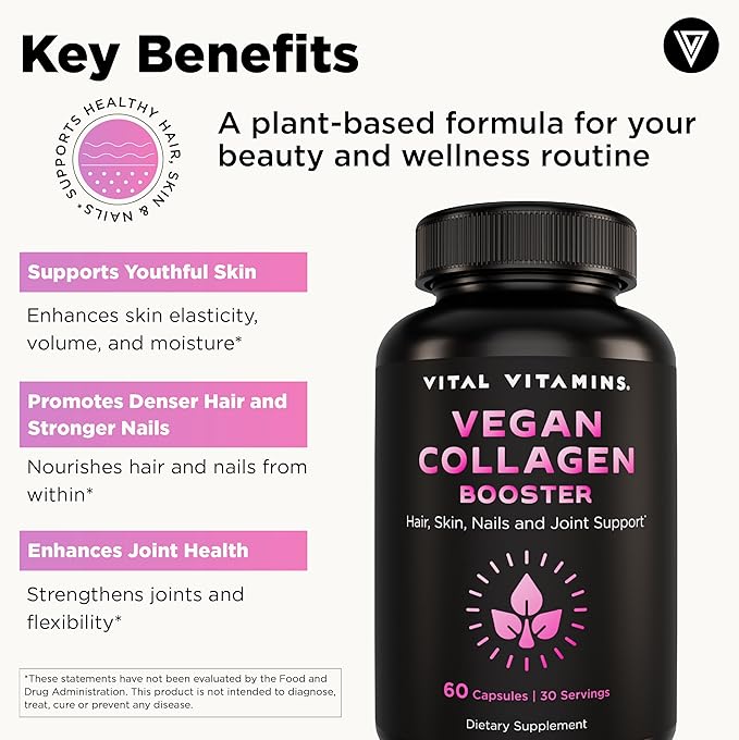 Vital Vitamins Vegan Collagen Booster - with Silica and Hyaluronic Acid - Plant-Based Collagen Supplements - Supports Hair Skin Nails &amp Joints - 60 Capsules