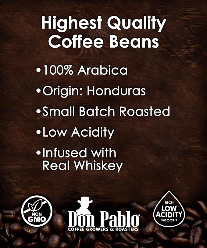 Don Pablo Bourbon Infused Coffee – Medium Roast 100% Arabica Whole Bean Real Bourbon Infused Low Acidity Non-GMO Small-Batch Roasted Specialty Gourmet Coffee 18 oz Bag (510 g)
