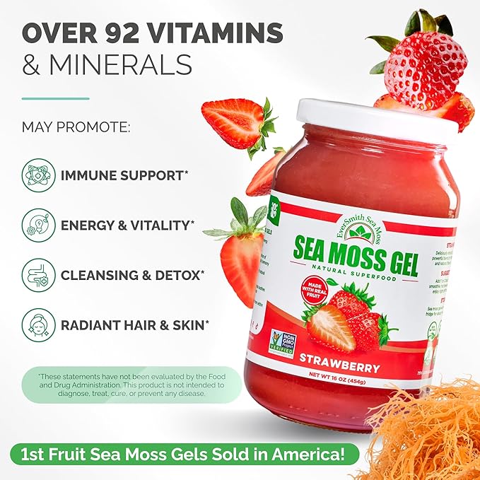 Wildcrafted Irish Sea Moss Gel | Made in USA | Rich in Vitamins &amp Minerals | Sea Moss Gel Raw | Nutritional Supplement | Strawberry (16 oz)