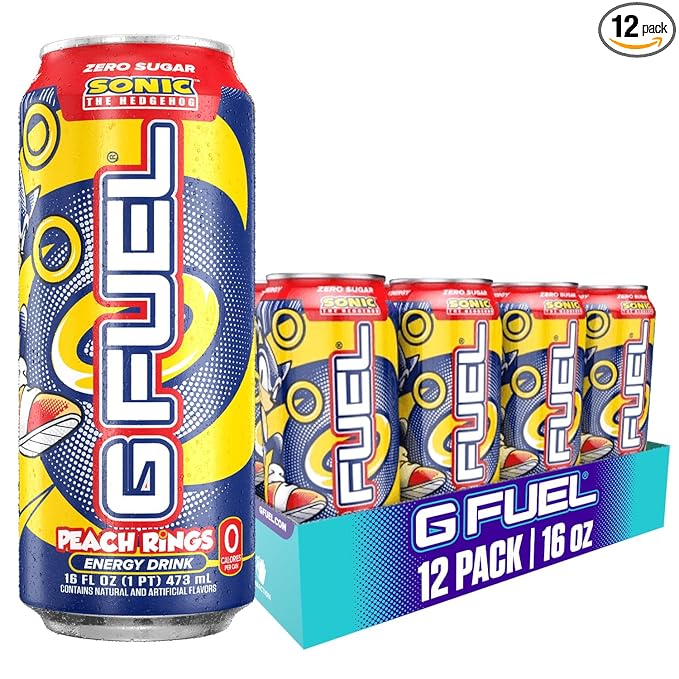 G Fuel Energy Drink Peach Ring Candy Sugar Free Beverage with 300mg Caffeine Daily Energy Boost with Focus Amino Vitamin + Antioxidants 16 oz Cans (Sonic 12-Pack)