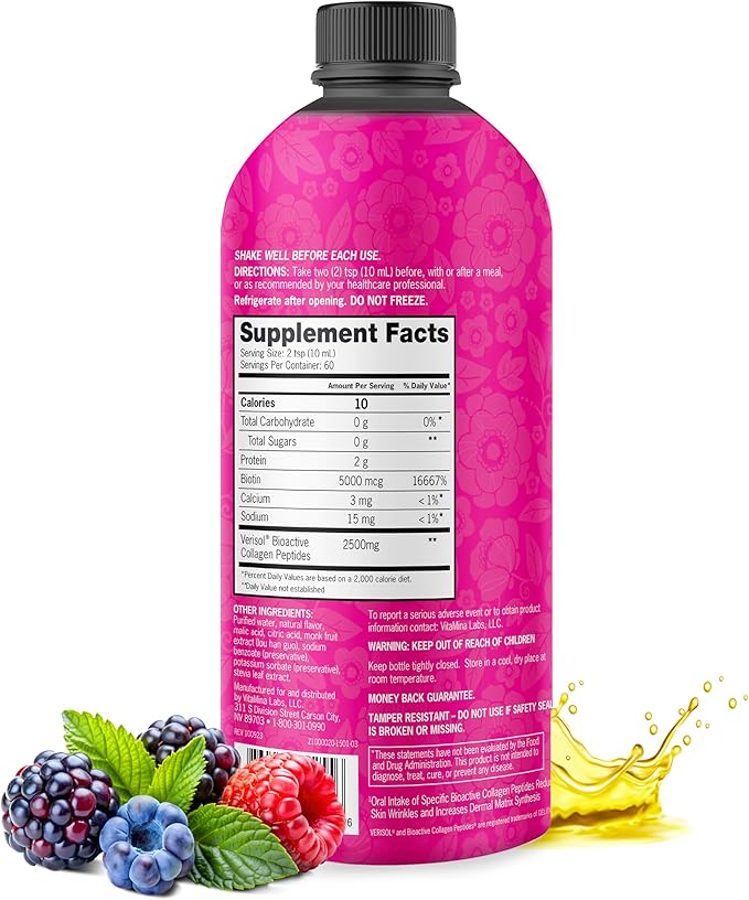 Zena Nutrition Liquid Collagen for Women &amp Men (Type 1 &amp 3) &amp 5000mcg Biotin 2500mg Verisol Bioactive Collagen Peptides Hair Skin Nail Supplement Mixed Berry Colageno 60 Servings 20