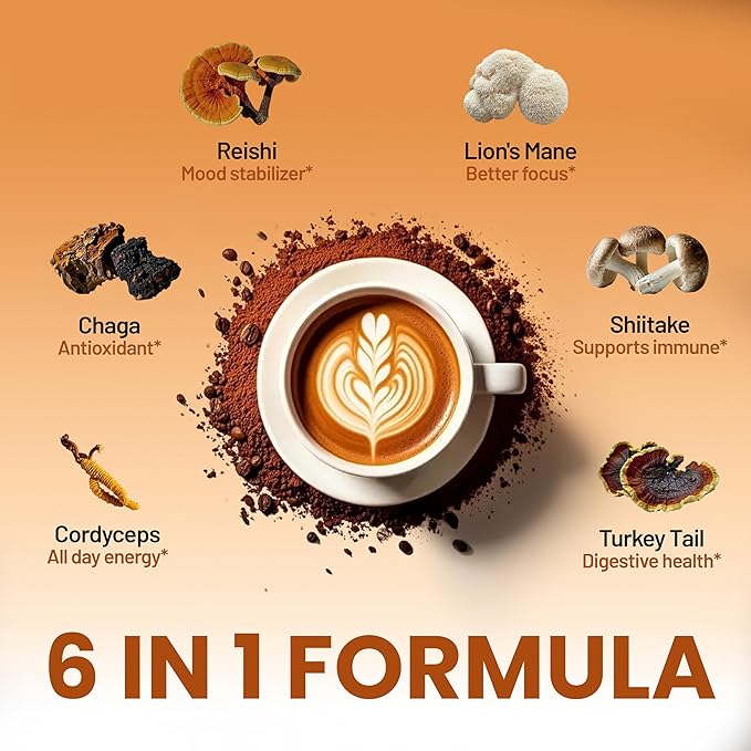 Neumina 6-in-1 Mushroom Coffee Energy Coffee with 6 Adaptogenic Mushrooms (Cordyceps Lion's Mane Reishi Chaga Shiitake Turkey Tail) 30 Servings 1200mg Mushrooms