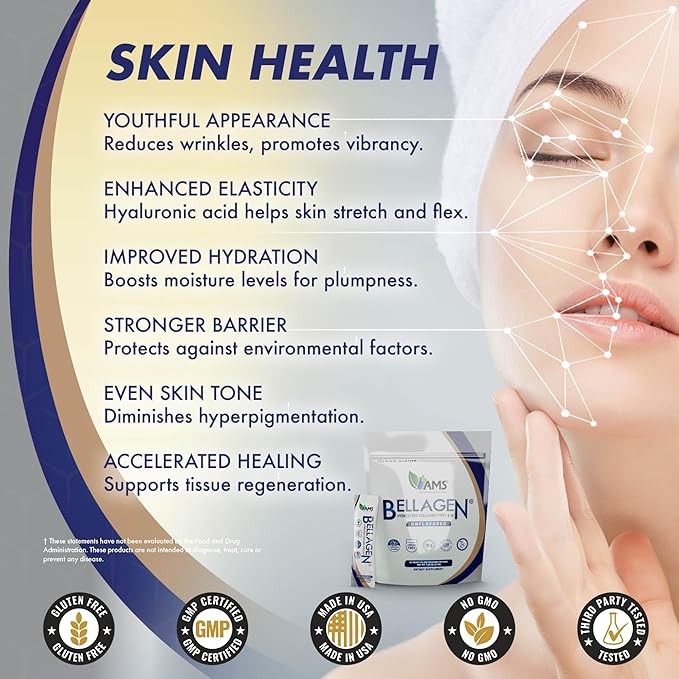 America Medic &amp Science Bellagen Collagen Peptides – 20 Single Serving Sticks for Skin Hair Nail &amp Joint Support – Hydrolyzed Grass-Fed Gluten-Free Non-GMO