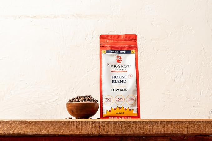 Puroast Low Acid Coffee Ground | House Blend Ground | Medium Roast | High Antioxidants &amp High pH |No Bitter Aftertaste | Reduced Heartburn &amp GERD | Suitable for Cold Brew - 2.2 LB
