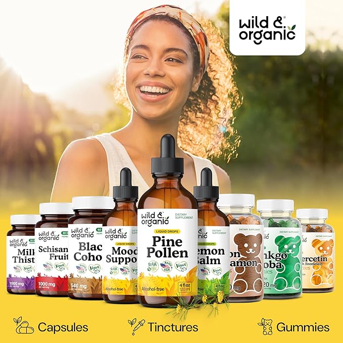 Wild &amp Organic Pine Pollen Tincture - Pine Pollen for Men &amp Women - Add to Tea &amp Drink - Pure Pinus Massoniana Extract Drops - Vegan Sugar &amp Alcohol-Free Liquid Supplement - 4 fl oz