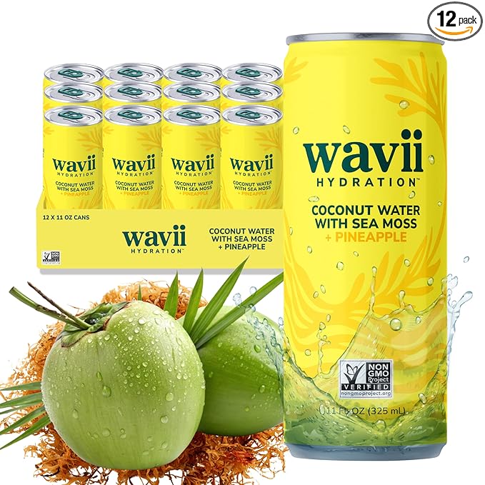 Wavii Hydration Organic Coconut Water with Organic Sea Moss plus Pineapple 11 fl oz Cans Pack of 12 – Clean Refreshing Hydration with Naturally Occurring Electrolytes No Added Sugar Non-GMO