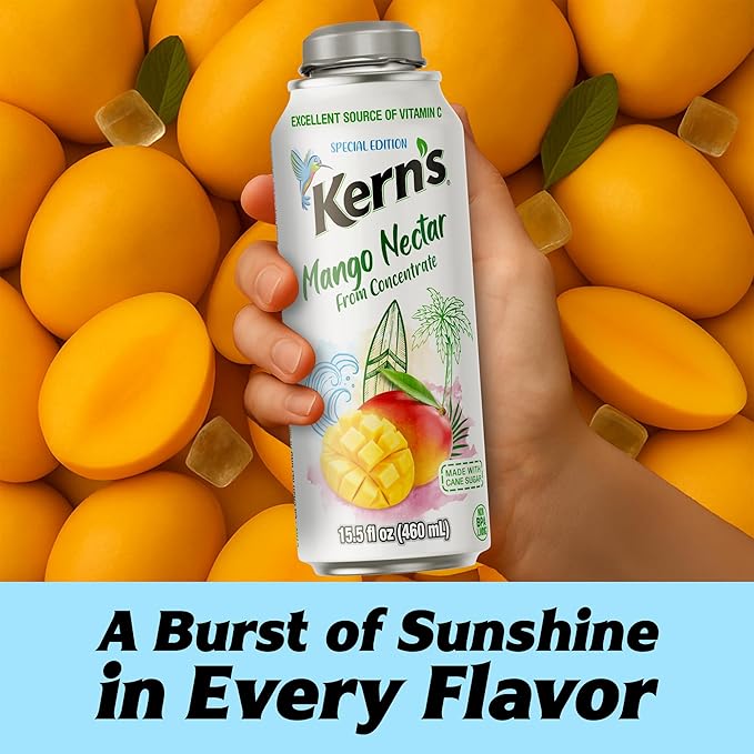 Kern’s Mango Nectar Lata Botella - Made with Fresh Fruit Puree - Mango Juice Concentrate for Tropical Fruit Smoothie Mix Cocktail Mixers &amp Kids Beverages - 15.5oz 12 Pack Resealable Juice Bottle
