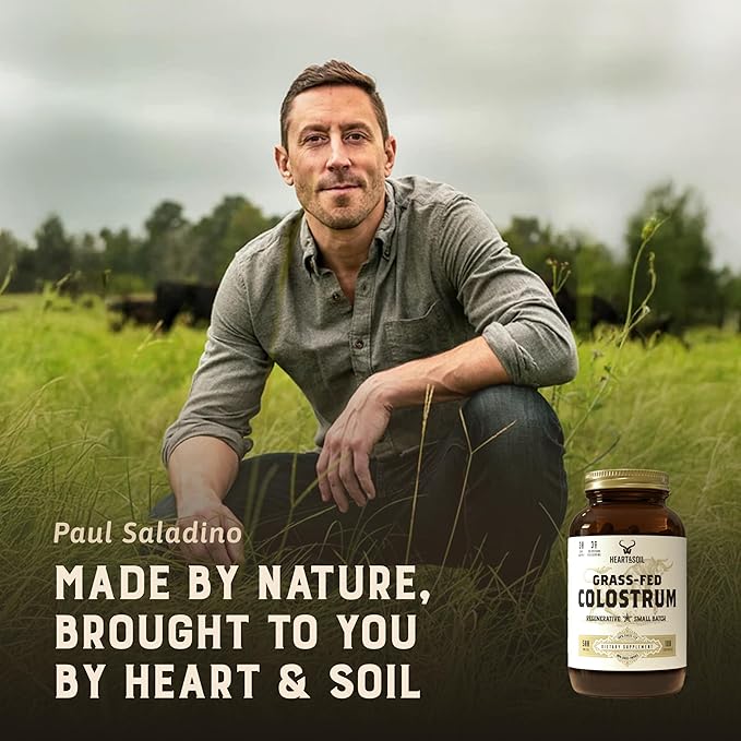 HEART &amp SOIL 100% Grass Fed &amp Finished Colostrum Supplement from Regenerative Cattle for Gut Muscle &amp Immune Health – 3000mg Bovine Colostrum Capsules - Gut Health for Men &amp Women –18