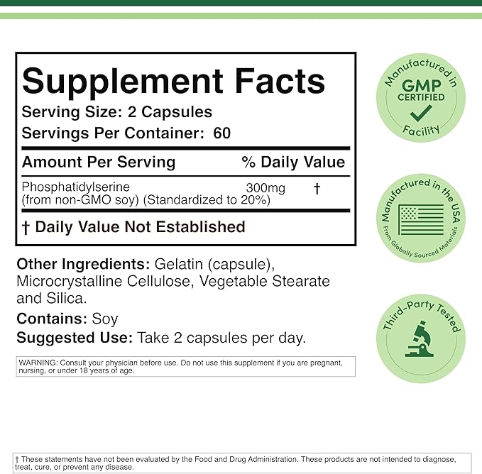PhosphatidylSerine Supplement 300mg Per Serving 120 Capsules (Phosphatidyl Serine Complex) by Double Wood