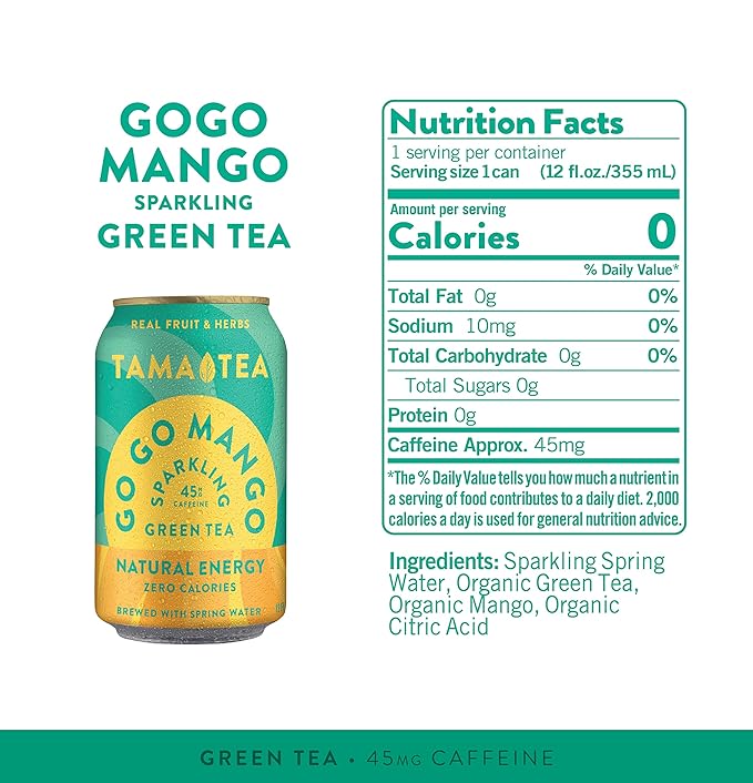 Unsweetened Sparkling Green Tea by Tama Tea - Organic Go Go Mango Iced Green Tea Zero Calories &amp Zero Carbs | 45mg Caffeine No Artificial Ingredients 12 oz (12-Pack)