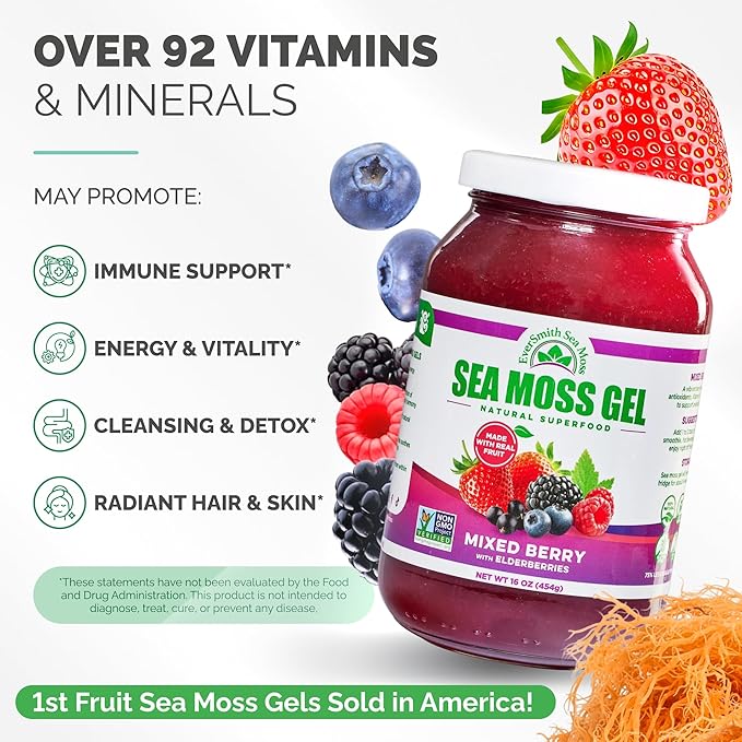 Wildcrafted Irish Sea Moss Gel | Made in USA | Rich in Vitamins &amp Minerals | Sea Moss Gel Raw | Nutritional Supplement | Mixed Berry (16 oz)