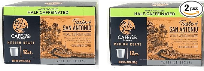 Cafe Ole HEB Single Serve Coffee Pods 12 count - 2 boxes (Taste of San Antonio Half-Caff)