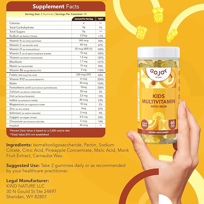 Picky Eater Kids Multivitamin Gummies with Iron - Sugar Free Chewable Iron Supplement for Toddlers &amp Children 3 &amp Up - Essential Kids Vitamins for Growth &amp Development