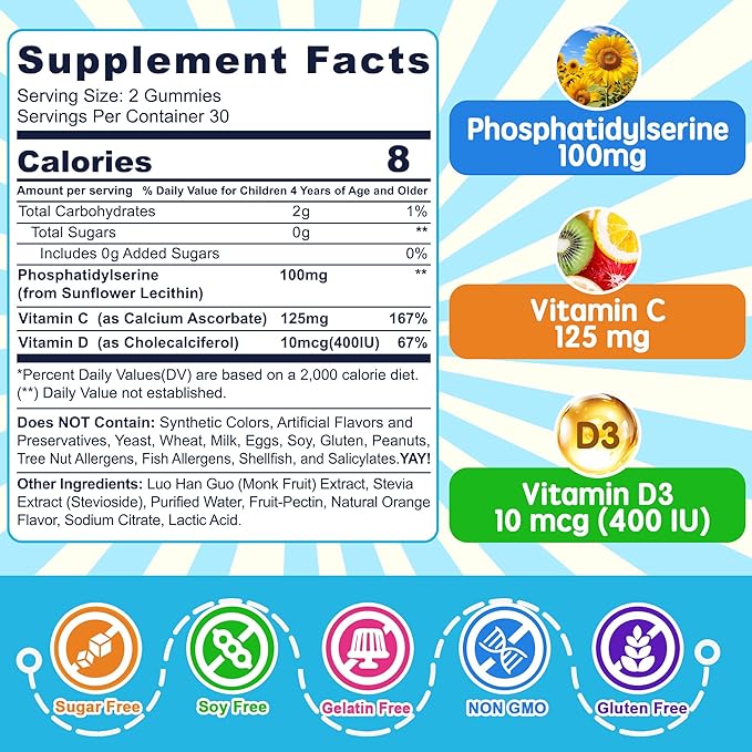 Phosphatidylserine Supplement 100mg Focus Gummies for Kids Teens + Vitamin C &amp D3 400IU Sugar Free Kids Brain Gummies Increase Attention &amp Concentration Chewable Vegan Gluten Free Non-GM